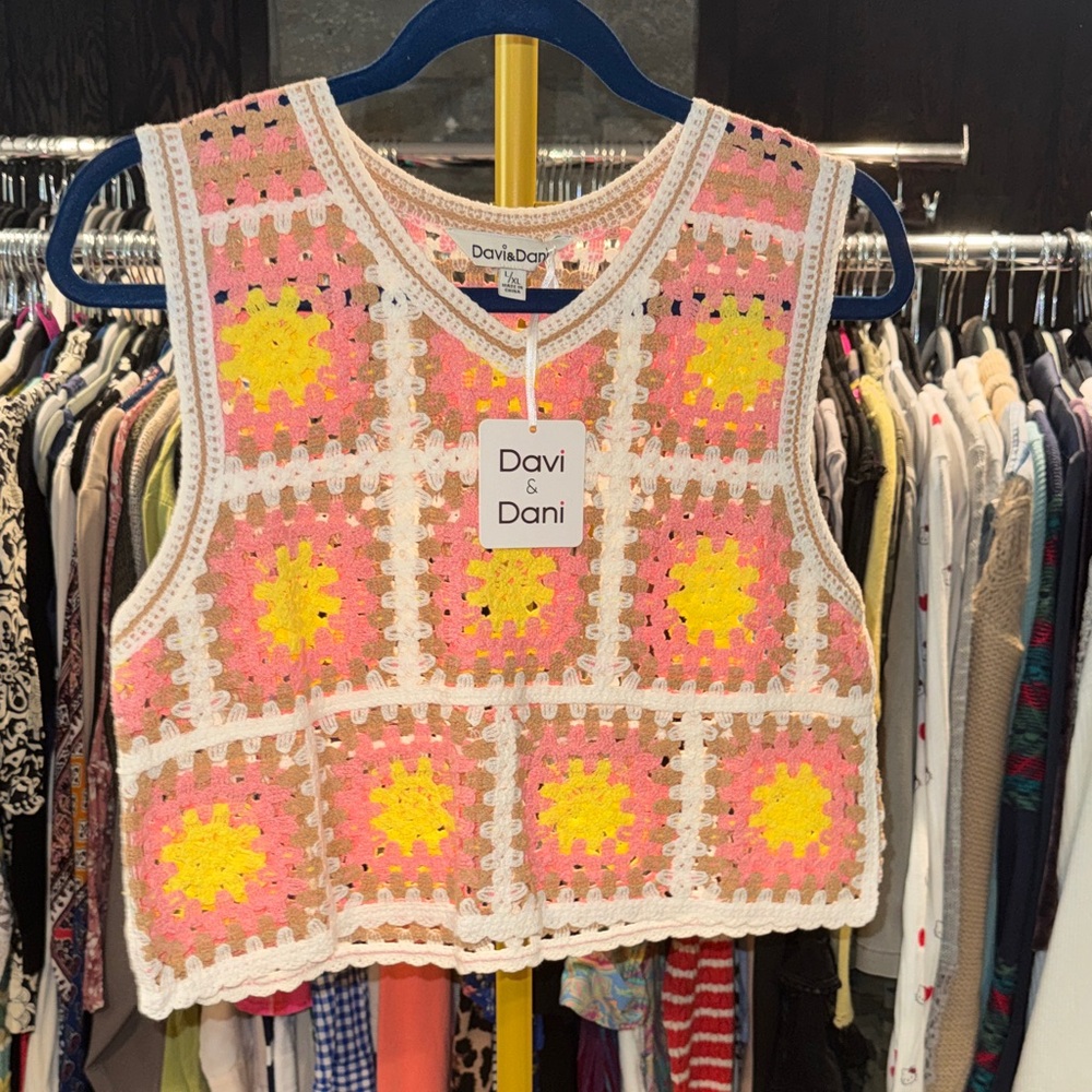 NWT Davi & Dani Crochet Crop Tank - Pink & Yellow
